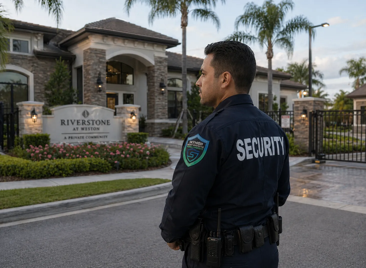 residential-security-guards-gated-community-los-angeles-skyhigh-security Skyhigh Security guard standing at the entrance of a gated residential community in Los Angeles