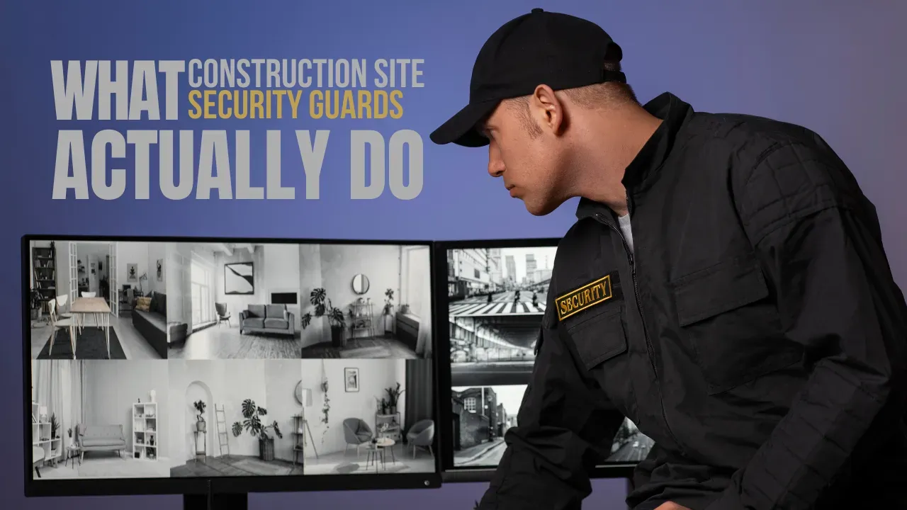 Security guard monitoring activities on construction site cameras